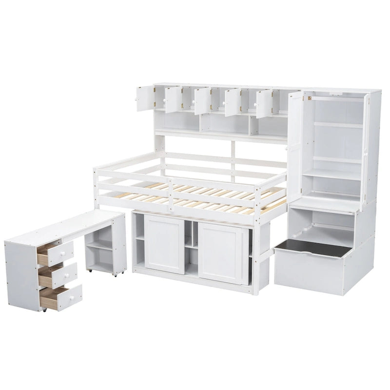 White Full Size Wooden Loft Bed with Integrated Wardrobe, Under-bed Desk, Drawers, with Shelves