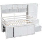 White Full Size Wooden Loft Bed with Integrated Wardrobe, Under-bed Desk, Drawers, with Shelves