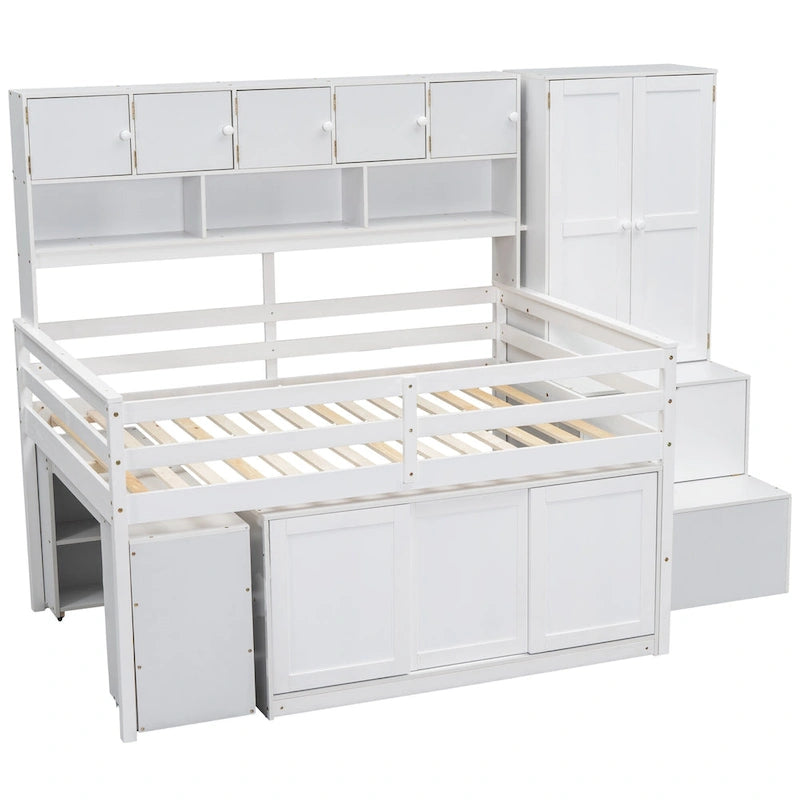 White Full Size Wooden Loft Bed with Integrated Wardrobe, Under-bed Desk, Drawers, with Shelves