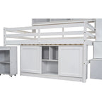 White Full Size Wooden Loft Bed with Integrated Wardrobe, Under-bed Desk, Drawers, with Shelves