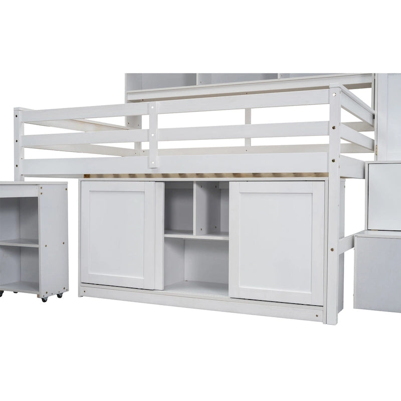 White Full Size Wooden Loft Bed with Integrated Wardrobe, Under-bed Desk, Drawers, with Shelves