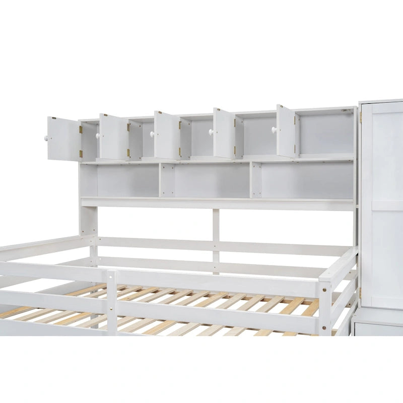 White Full Size Wooden Loft Bed with Integrated Wardrobe, Under-bed Desk, Drawers, with Shelves