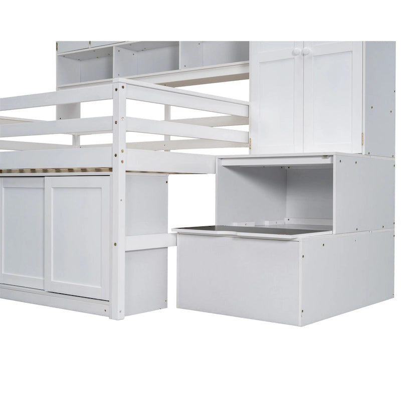 White Full Size Wooden Loft Bed with Integrated Wardrobe, Under-bed Desk, Drawers, with Shelves