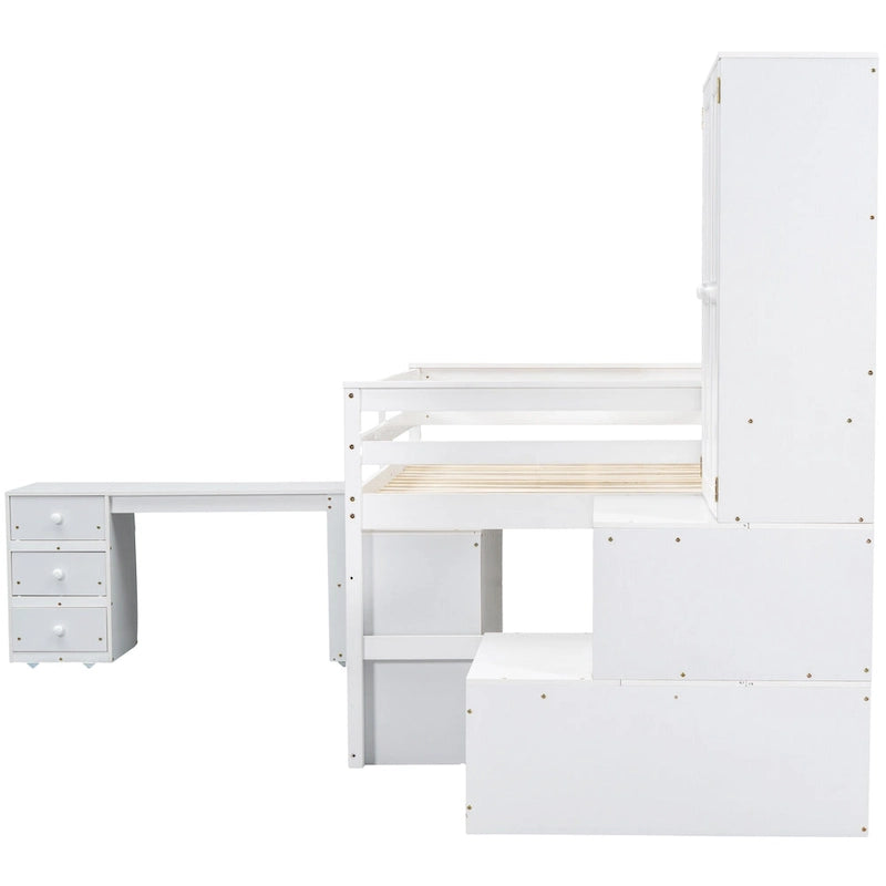White Full Size Wooden Loft Bed with Integrated Wardrobe, Under-bed Desk, Drawers, with Shelves