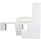 White Full Size Wooden Loft Bed with Integrated Wardrobe, Under-bed Desk, Drawers, with Shelves
