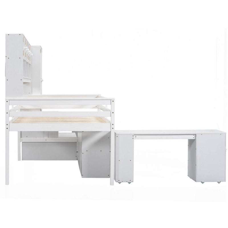 White Full Size Wooden Loft Bed with Integrated Wardrobe, Under-bed Desk, Drawers, with Shelves