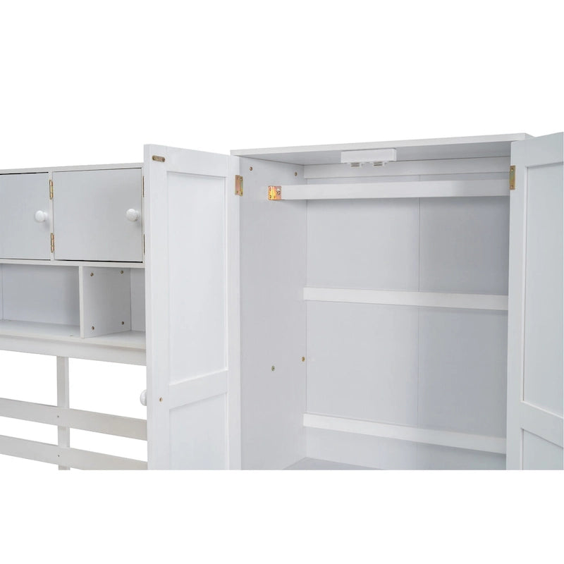 White Full Size Wooden Loft Bed with Integrated Wardrobe, Under-bed Desk, Drawers, with Shelves