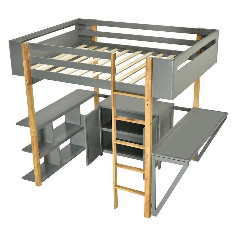 Gray Full Size Solid Wood Loft Bed With Built-in Storage Cabinet and Cubes, Foldable desk