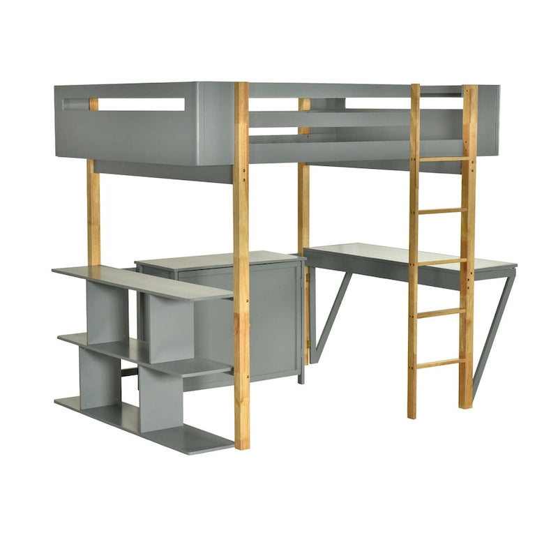 Gray Full Size Solid Wood Loft Bed With Built-in Storage Cabinet and Cubes, Foldable desk