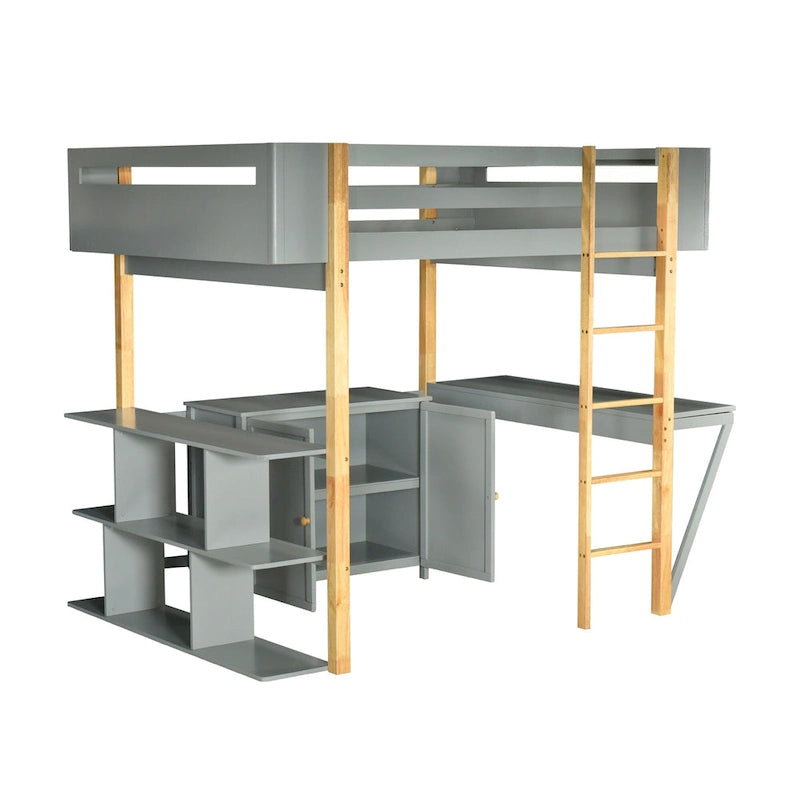 Gray Full Size Solid Wood Loft Bed With Built-in Storage Cabinet and Cubes, Foldable desk