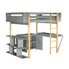 Gray Full Size Solid Wood Loft Bed With Built-in Storage Cabinet and Cubes, Foldable desk