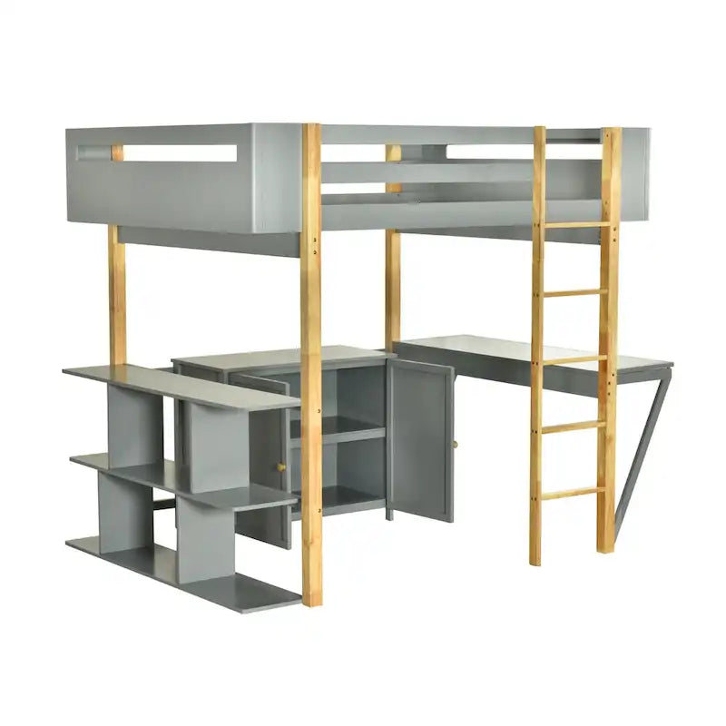 Gray Full Size Solid Wood Loft Bed With Built-in Storage Cabinet and Cubes, Foldable desk