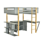 Gray Full Size Solid Wood Loft Bed With Built-in Storage Cabinet and Cubes, Foldable desk