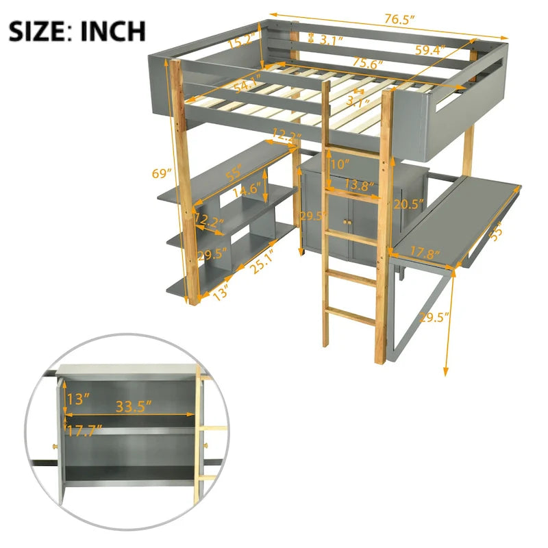 Gray Full Size Solid Wood Loft Bed With Built-in Storage Cabinet and Cubes, Foldable desk