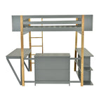 Gray Full Size Solid Wood Loft Bed With Built-in Storage Cabinet and Cubes, Foldable desk