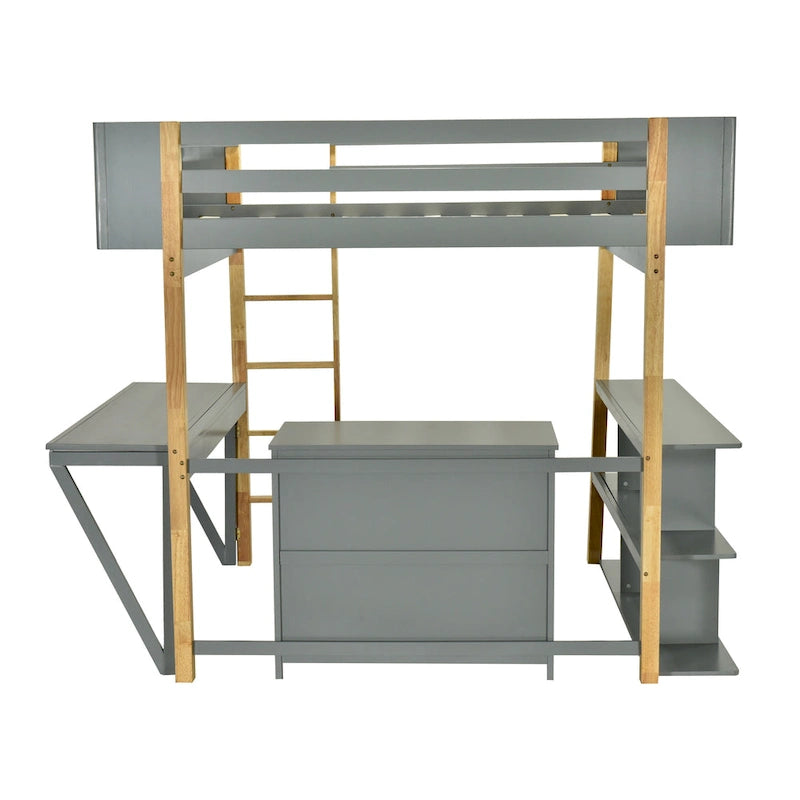 Gray Full Size Solid Wood Loft Bed With Built-in Storage Cabinet and Cubes, Foldable desk