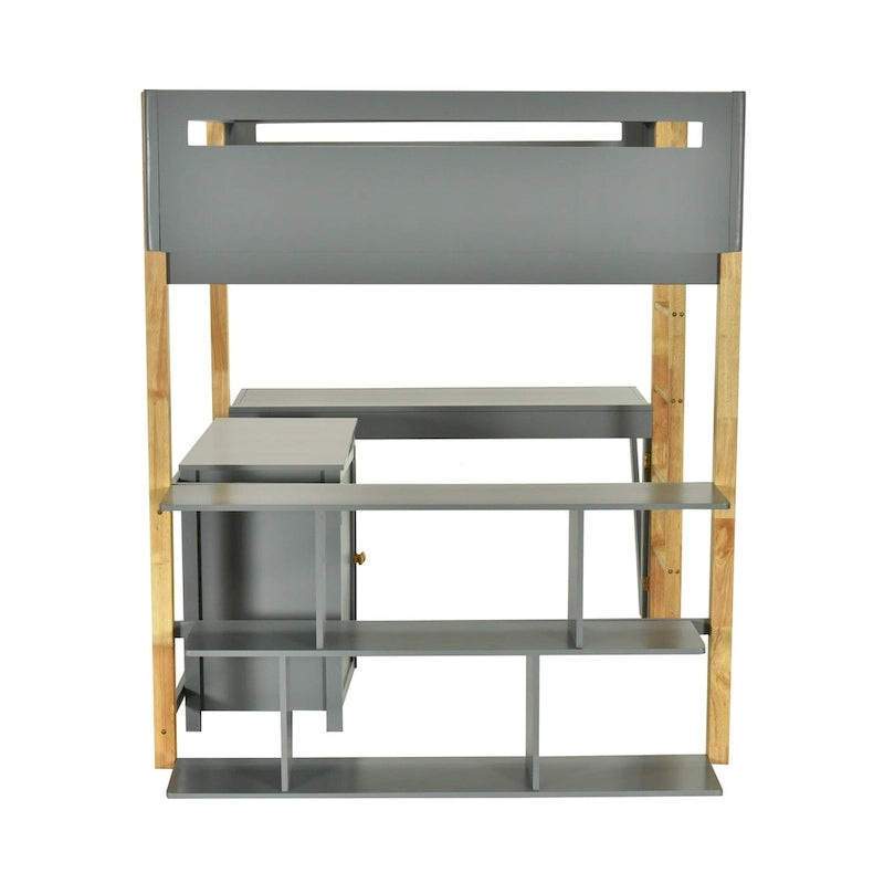 Gray Full Size Solid Wood Loft Bed With Built-in Storage Cabinet and Cubes, Foldable desk