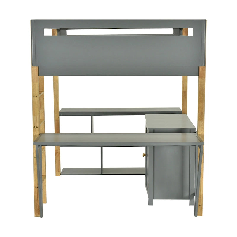 Gray Full Size Solid Wood Loft Bed With Built-in Storage Cabinet and Cubes, Foldable desk
