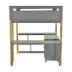 Gray Full Size Solid Wood Loft Bed With Built-in Storage Cabinet and Cubes, Foldable desk