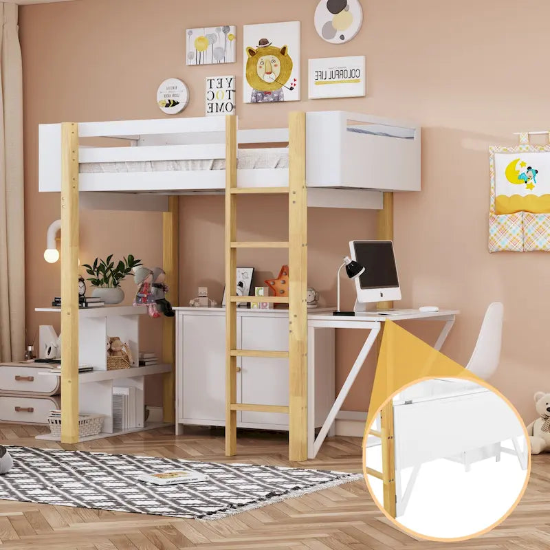 White Twin Size Solid Wood Loft Bed With Built-in Storage Cabinet and Cubes, Foldable desk