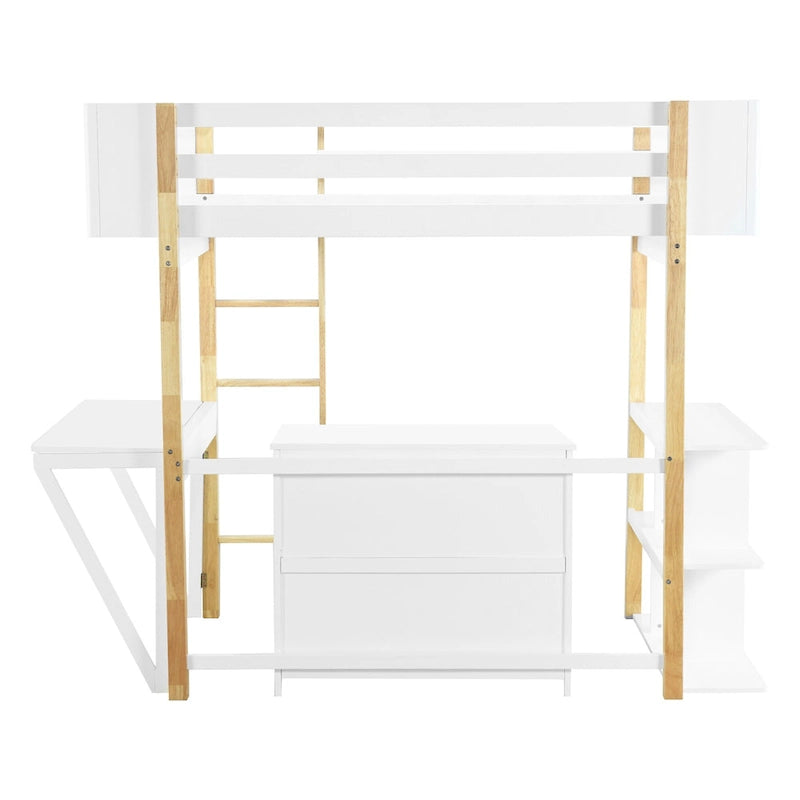 White Twin Size Solid Wood Loft Bed With Built-in Storage Cabinet and Cubes, Foldable desk
