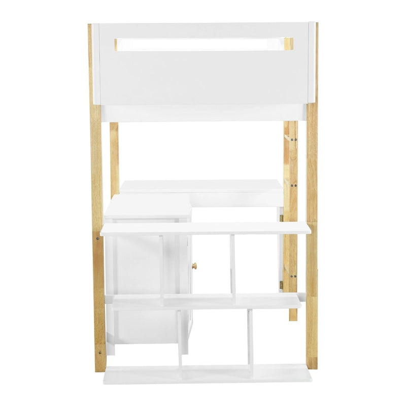 White Twin Size Solid Wood Loft Bed With Built-in Storage Cabinet and Cubes, Foldable desk