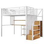 White Full Size Metal Loft Bed with Wardrobe, Desk, and Storage Shelves