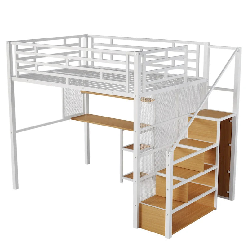 White Full Size Metal Loft Bed with Wardrobe, Desk, and Storage Shelves