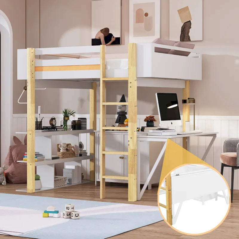 White Full Size Solid Wood Loft Bed With Built-in Storage Cabinet and Cubes, Foldable desk