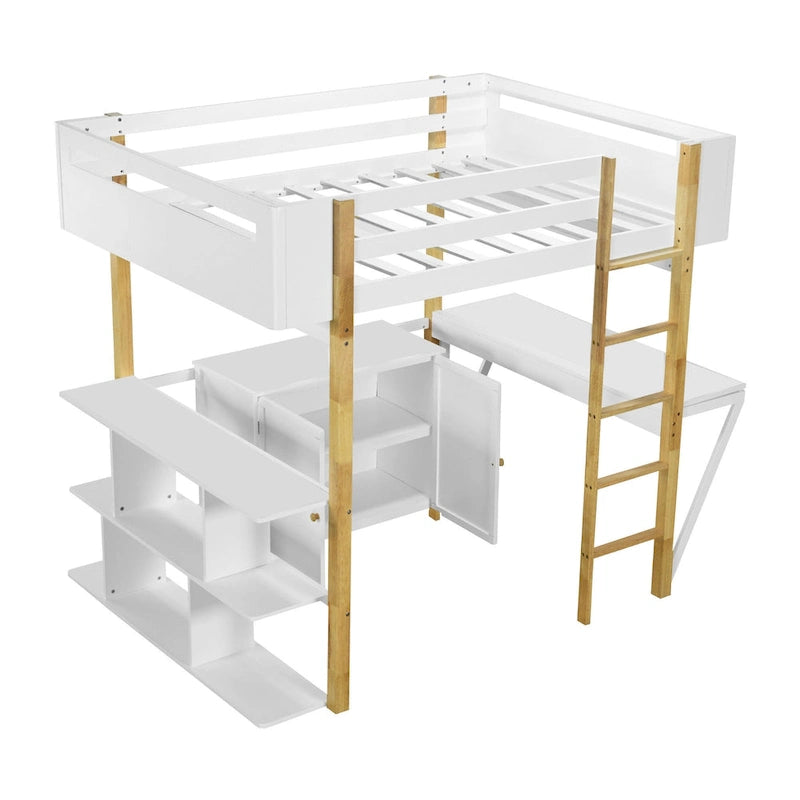 White Full Size Solid Wood Loft Bed With Built-in Storage Cabinet and Cubes, Foldable desk