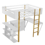 White Full Size Solid Wood Loft Bed With Built-in Storage Cabinet and Cubes, Foldable desk
