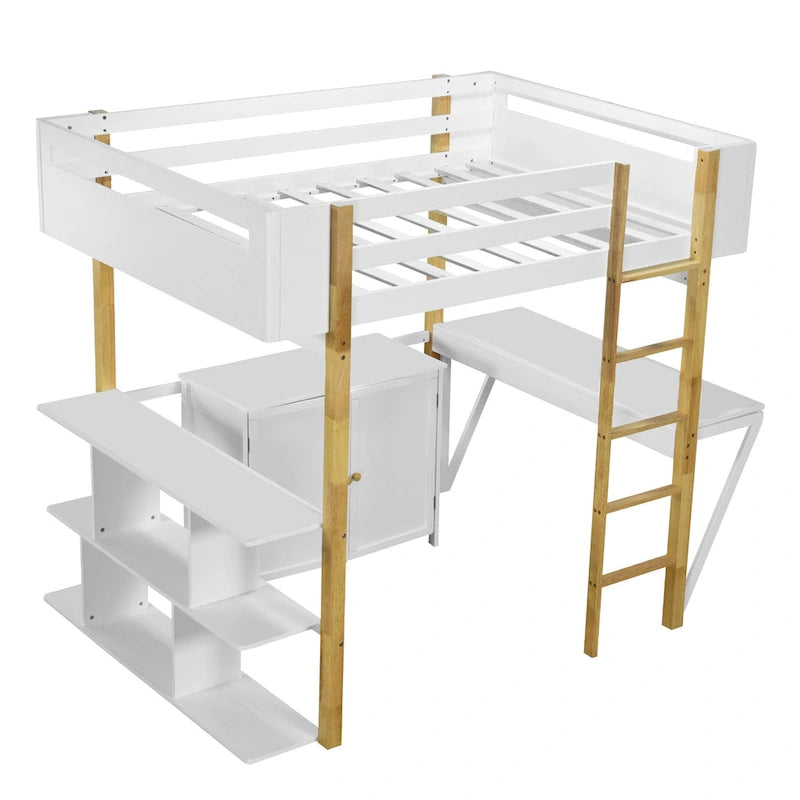 White Full Size Solid Wood Loft Bed With Built-in Storage Cabinet and Cubes, Foldable desk