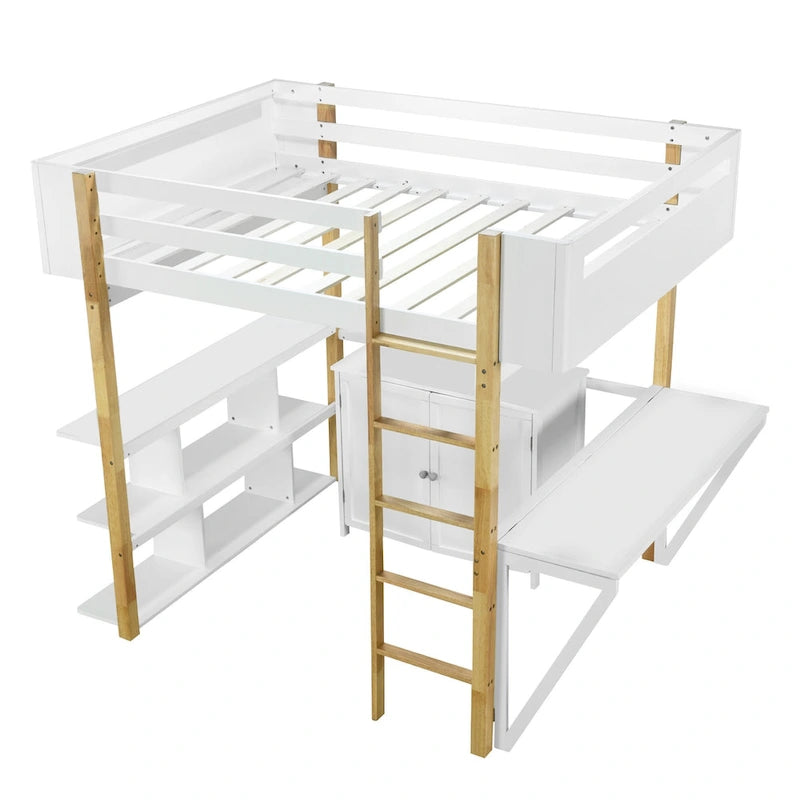 White Full Size Solid Wood Loft Bed With Built-in Storage Cabinet and Cubes, Foldable desk