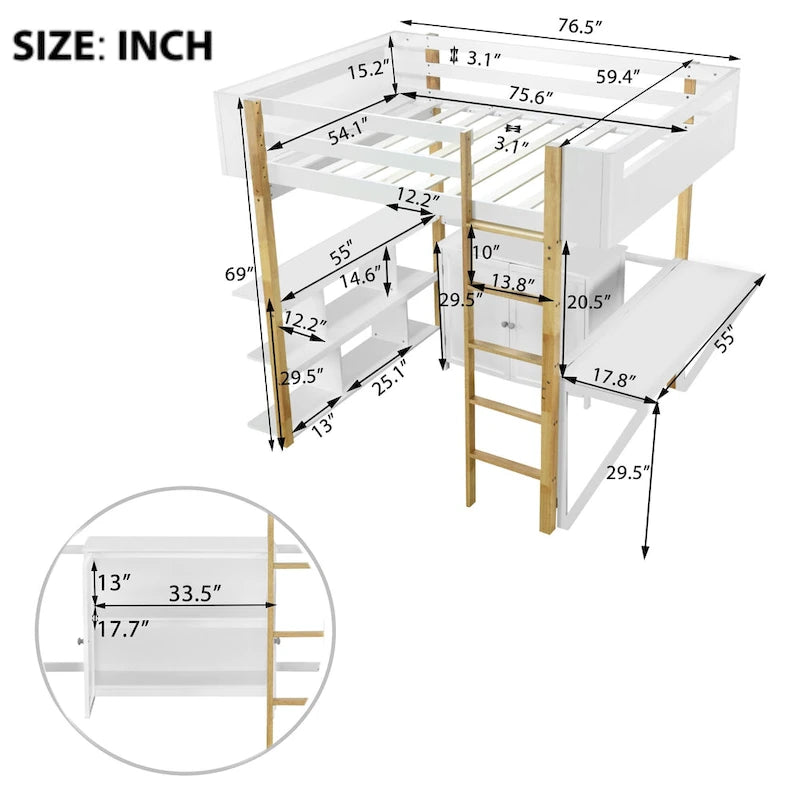 White Full Size Solid Wood Loft Bed With Built-in Storage Cabinet and Cubes, Foldable desk