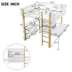 White Full Size Solid Wood Loft Bed With Built-in Storage Cabinet and Cubes, Foldable desk