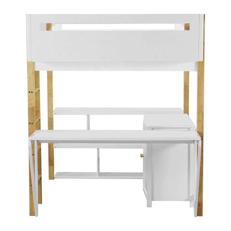 White Full Size Solid Wood Loft Bed With Built-in Storage Cabinet and Cubes, Foldable desk