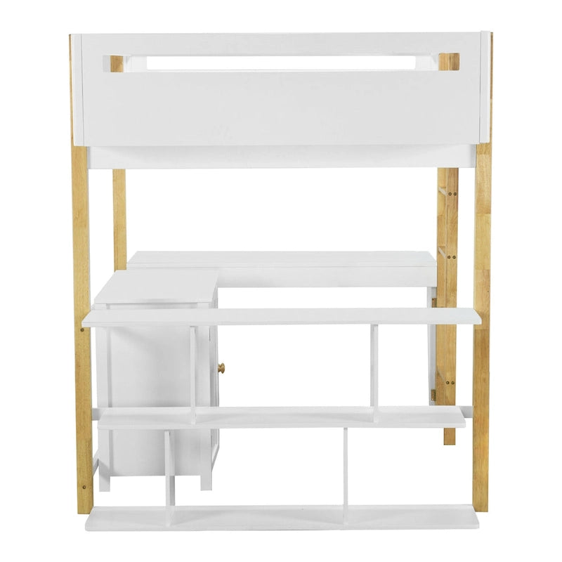 White Full Size Solid Wood Loft Bed With Built-in Storage Cabinet and Cubes, Foldable desk