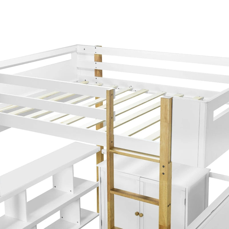 White Full Size Solid Wood Loft Bed With Built-in Storage Cabinet and Cubes, Foldable desk