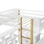 White Full Size Solid Wood Loft Bed With Built-in Storage Cabinet and Cubes, Foldable desk