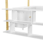 White Full Size Solid Wood Loft Bed With Built-in Storage Cabinet and Cubes, Foldable desk