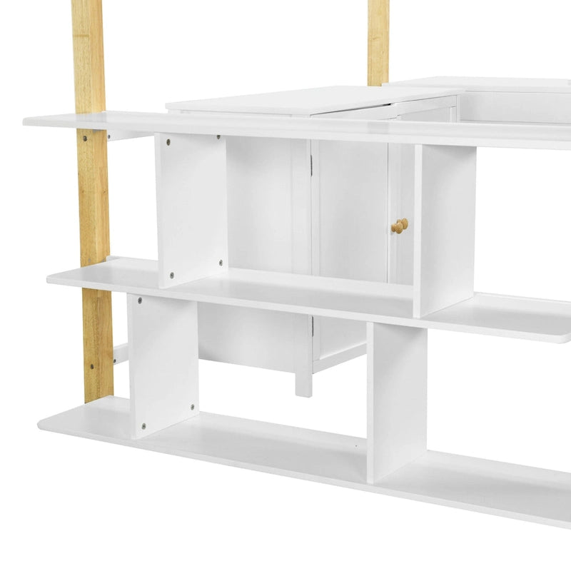 White Full Size Solid Wood Loft Bed With Built-in Storage Cabinet and Cubes, Foldable desk