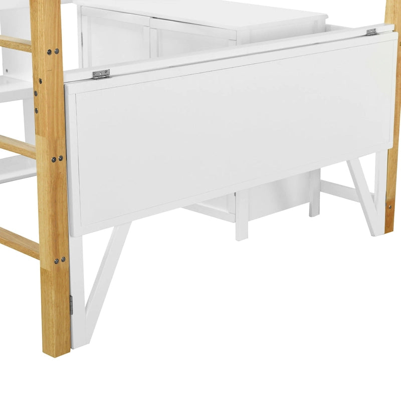 White Full Size Solid Wood Loft Bed With Built-in Storage Cabinet and Cubes, Foldable desk