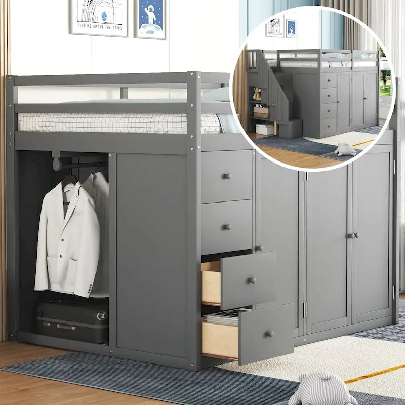 Gray Full Size Wood Loft Bed With Built-in Wardrobes, Cabinets and Drawers for Bedroom