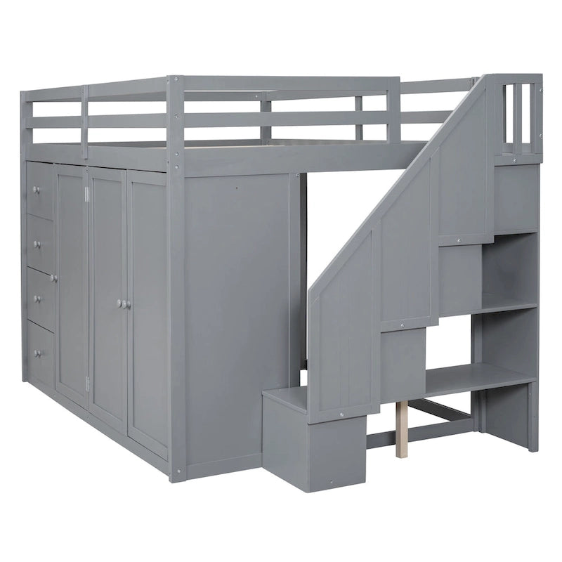 Gray Full Size Wood Loft Bed With Built-in Wardrobes, Cabinets and Drawers for Bedroom