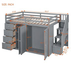Gray Full Size Wood Loft Bed With Built-in Wardrobes, Cabinets and Drawers for Bedroom