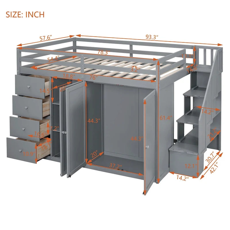 Gray Full Size Wood Loft Bed With Built-in Wardrobes, Cabinets and Drawers for Bedroom