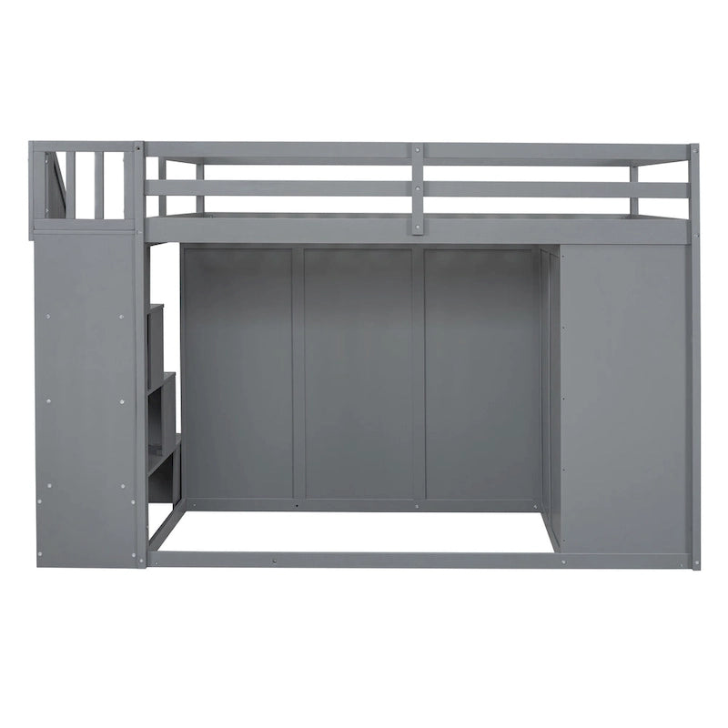Gray Full Size Wood Loft Bed With Built-in Wardrobes, Cabinets and Drawers for Bedroom