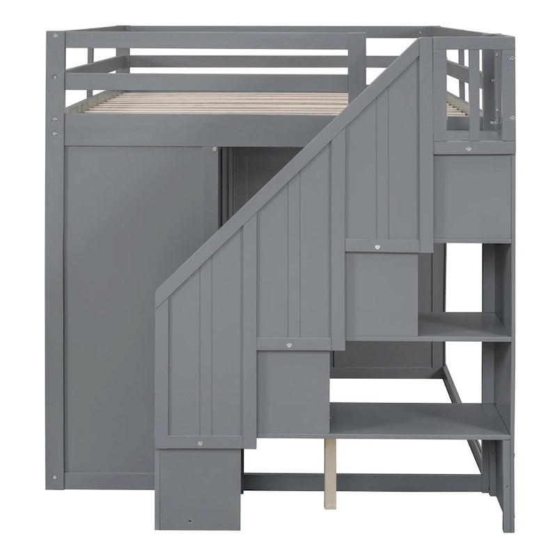 Gray Full Size Wood Loft Bed With Built-in Wardrobes, Cabinets and Drawers for Bedroom