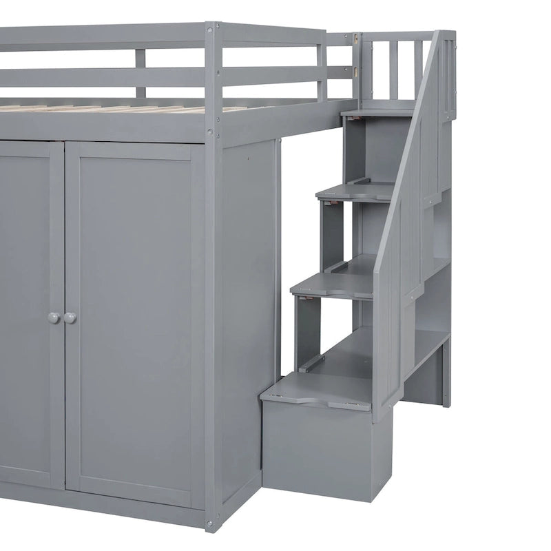 Gray Full Size Wood Loft Bed With Built-in Wardrobes, Cabinets and Drawers for Bedroom