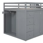 Gray Full Size Wood Loft Bed With Built-in Wardrobes, Cabinets and Drawers for Bedroom